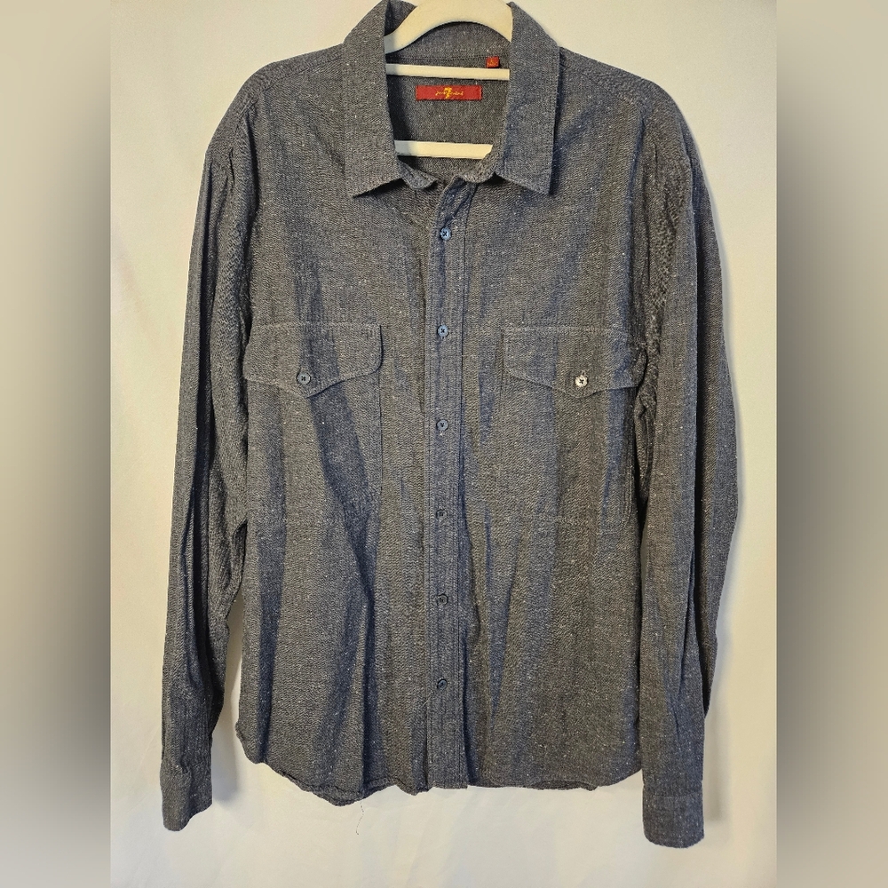 7 For All Mankind Men’s Herringbone Button Down Shirt Large 100% Cotton Gray